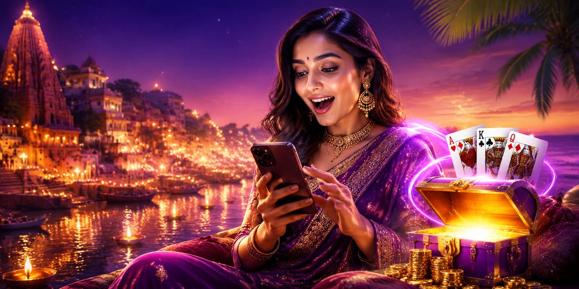 Evening view of Varanasi Ghat with vibrant Teen Patti game